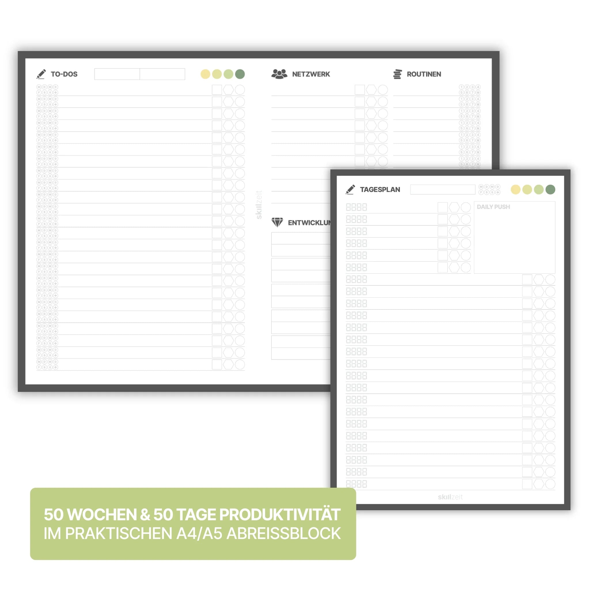 Work Smarter Set von Skillzeit – 50 Wochen und 50 Tage Produktivität im A4/A5 Abreißblock für mehr Fokus und Selbstführung im Arbeitsalltag.