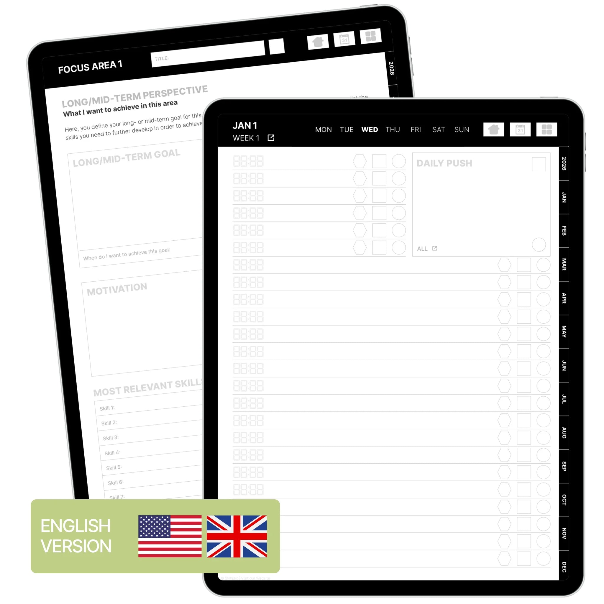 Digital Skillbook – English version of the productivity planner with daily and long-term planning pages on tablet