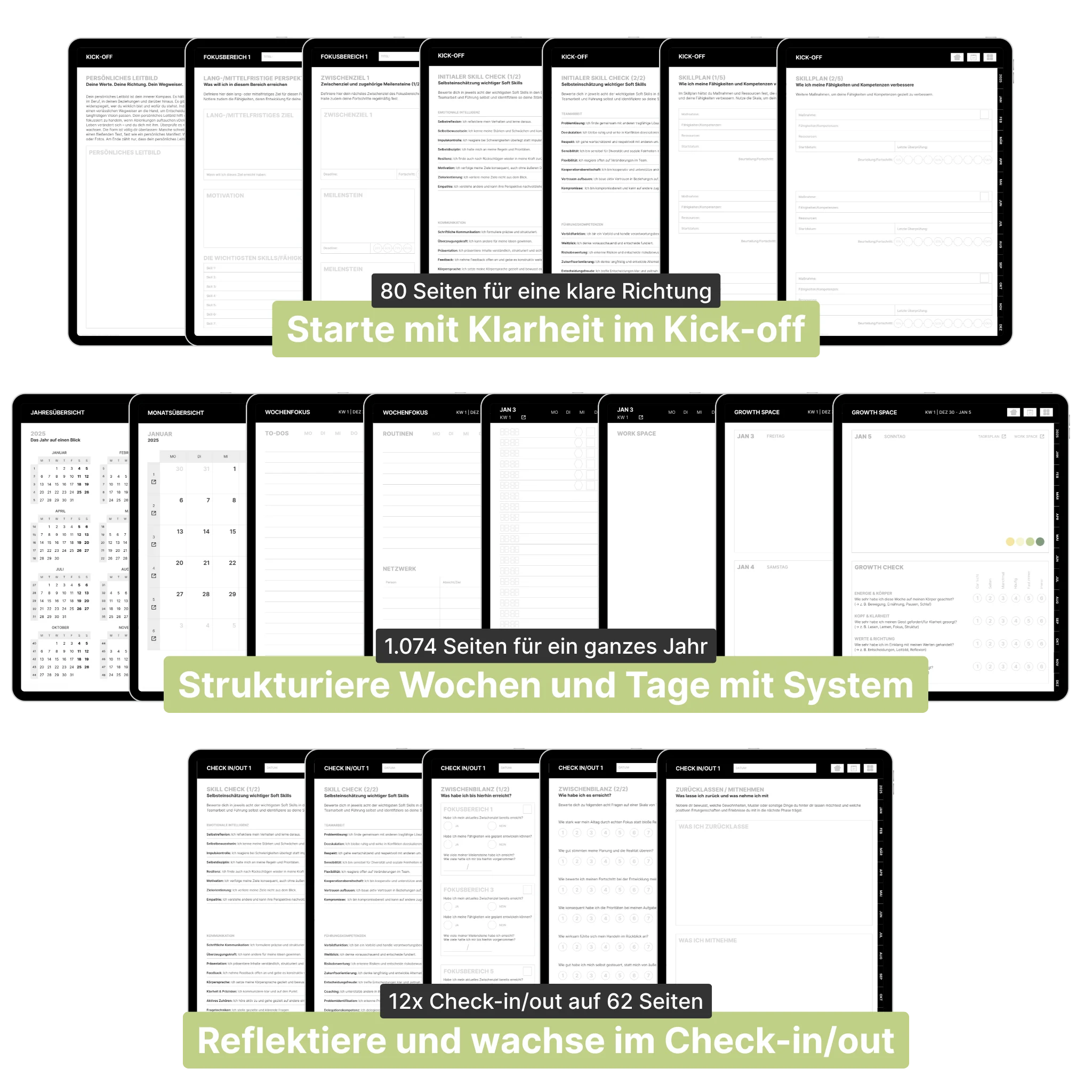 Dreiteilige Übersicht über den digitalen Skillbooks auf Tablet-Ansichten. Oben: Der Kick-off mit 80 Seiten für die strategische Ausrichtung. Mitte: Die strukturierte Planung mit 1.074 Seiten für Wochen und Tage. Unten: Die Reflektion mit 12 Check-ins auf 62 Seiten. Deutsche Sprache. Transparenter Hintergrund.