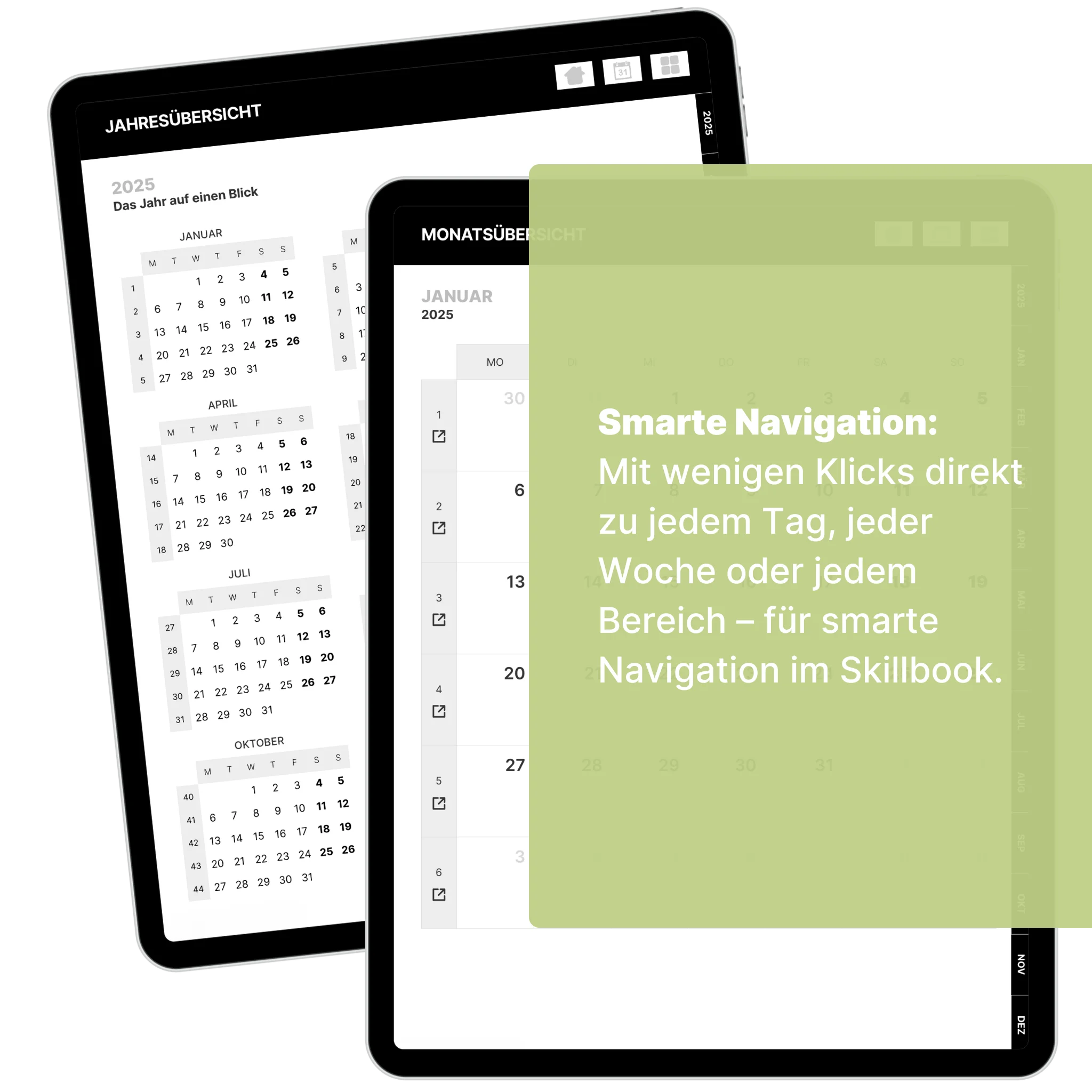 Zwei Seiten des digitalen Skillbooks auf Tablets zeigen die Jahresübersicht 2025 und die Monatsübersicht Januar. Eine grüne Textbox beschreibt die Funktion der Smart Navigation für den direkten Zugriff auf jeden Tag, jede Woche oder jeden Bereich im Skillbook. Deutsche Sprache. Transparenter Hintergrund.