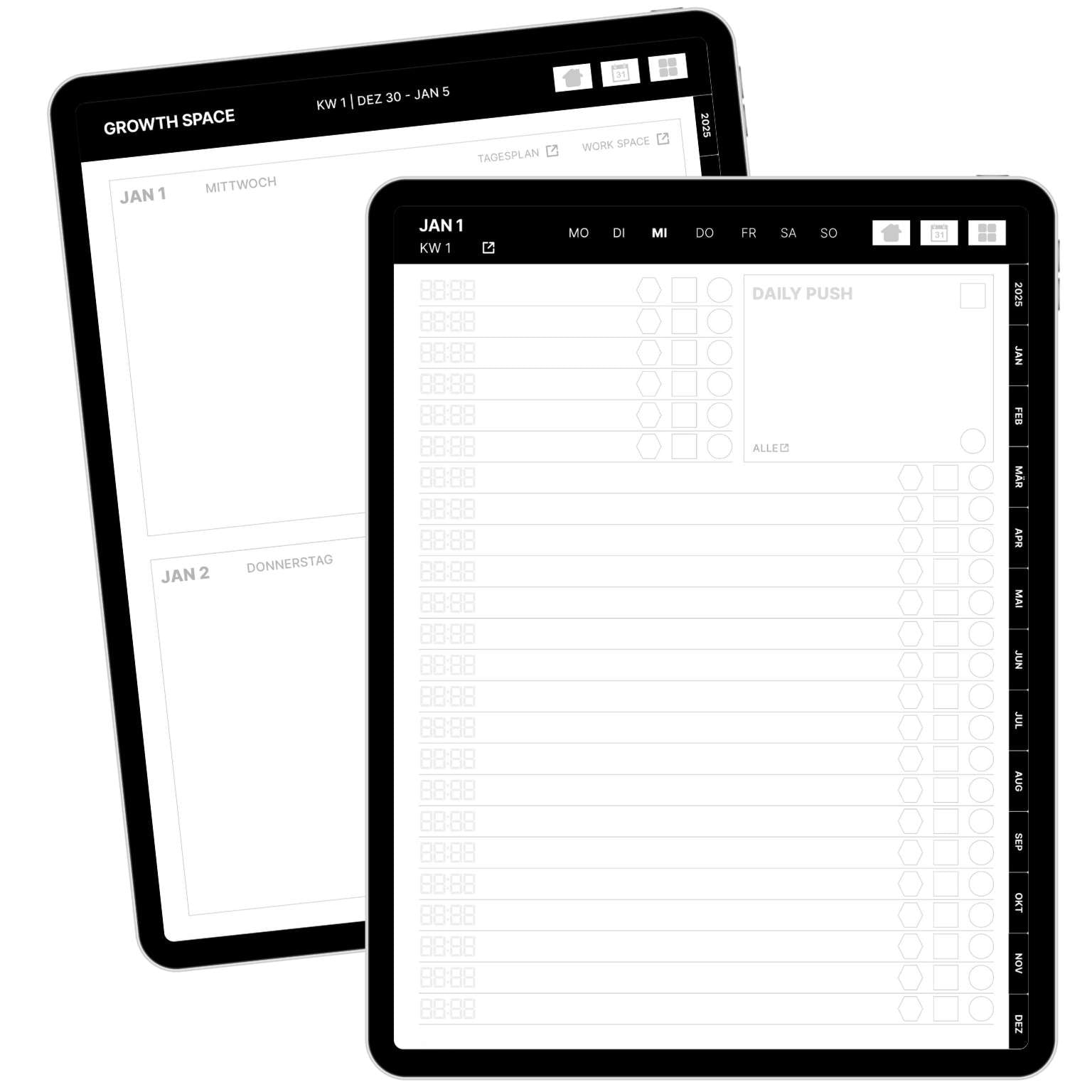 Zwei Seiten des digitalen Skillbooks auf Tablets zeigen die Wochen- und Tagesplanung (Jan 1 / KW 1), darunter die detaillierte Stundenansicht für Mittwoch und Donnerstag sowie den Daily Push Tracker für Routinen. Deutsche Sprache.
