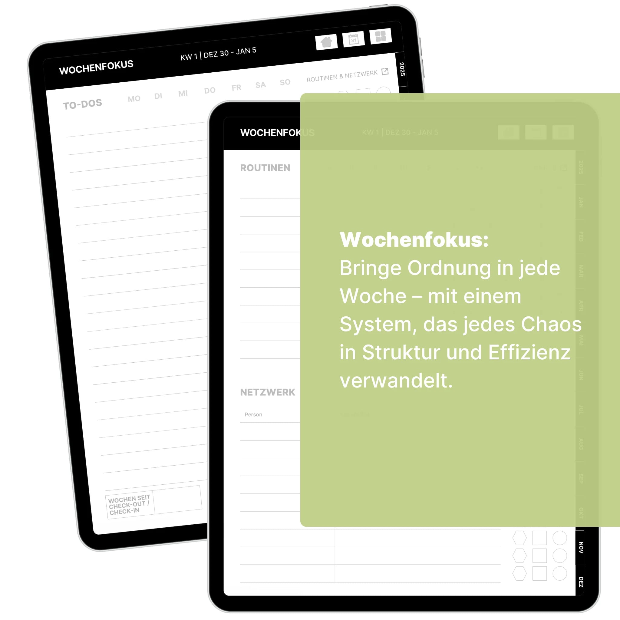 Zwei Seiten des digitalen Skillbooks auf Tablets zeigen den Wochenfokus mit den Bereichen To-Dos, Routinen und Netzwerk. Eine grüne Textbox beschreibt den Nutzen des Systems zur Umwandlung von Chaos in Struktur und Effizienz. Deutsche Sprache. Weißer Hintergrund.