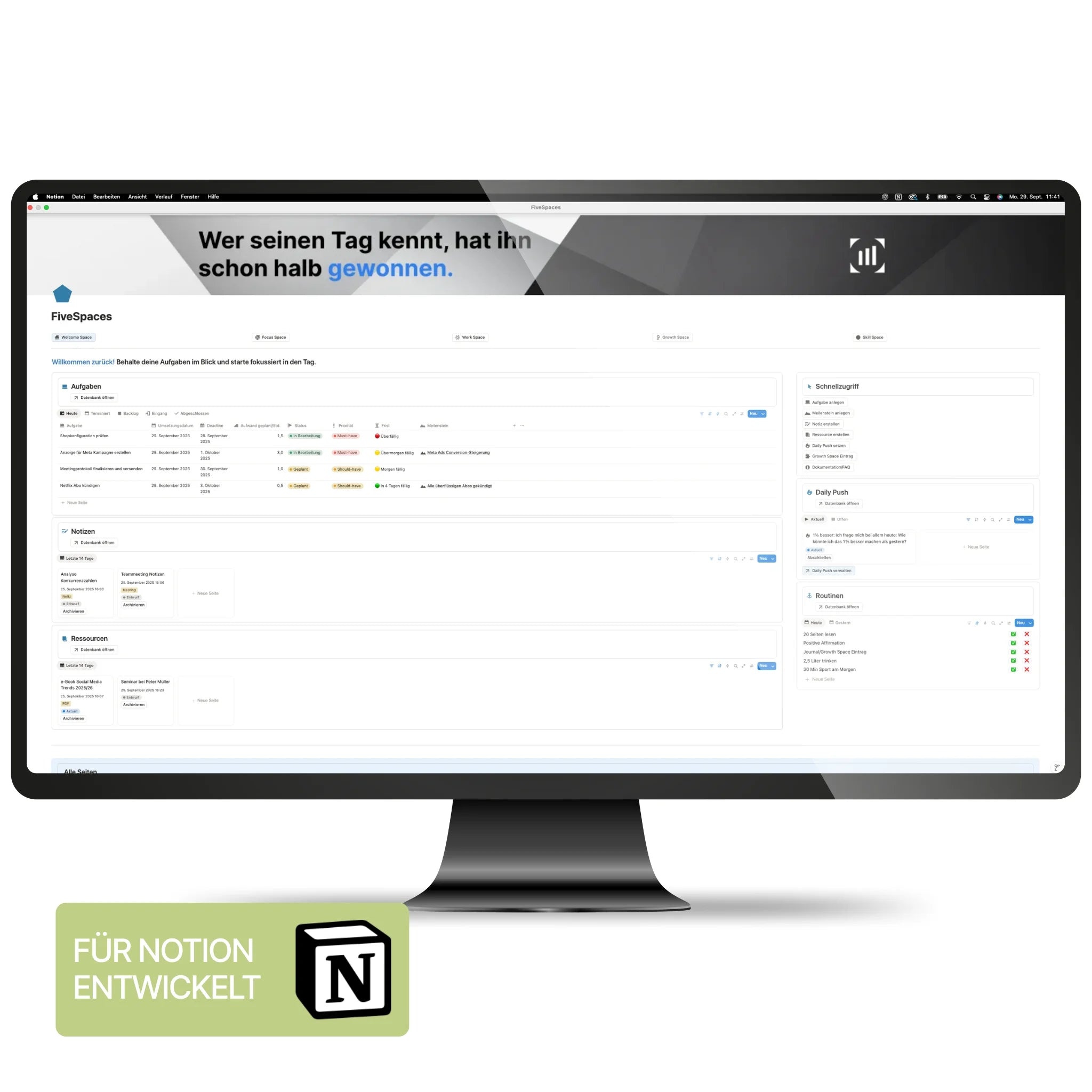 Produktabbildung Five Spaces – digitale Notion-Vorlage für Tages- und Aufgabenplanung auf einem Bildschirm.