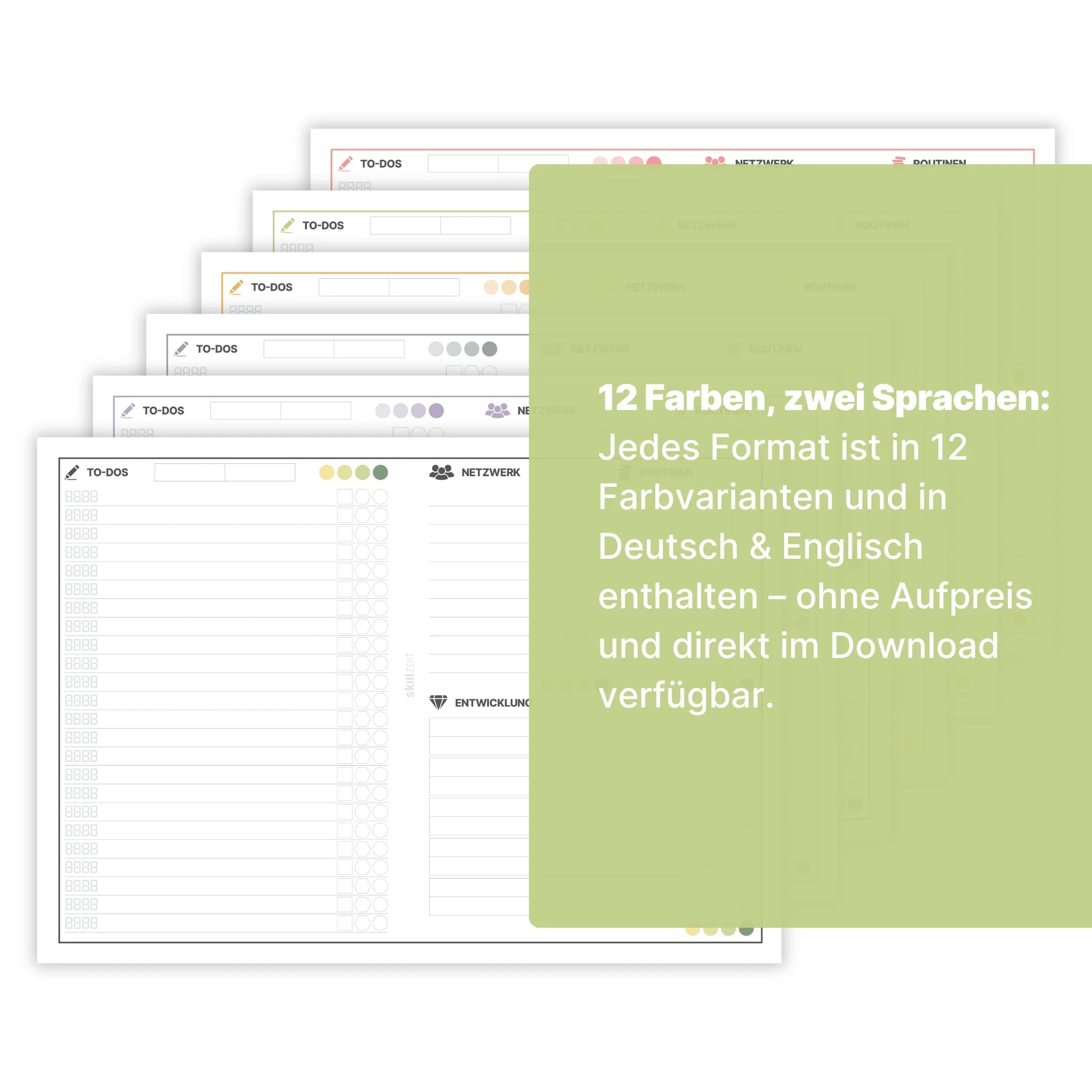 Produktabbildung Weekly Mastersheet – Planervorlagen in 12 Farbvarianten und in Deutsch & Englisch als Download verfügbar.
