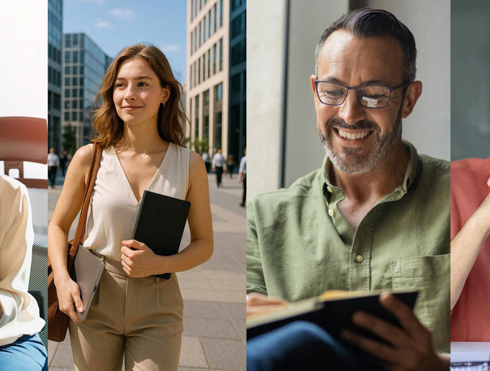 Collage aus vier Porträts: Eine lachende Frau mit Brille und Notizbuch, eine junge Frau mit Laptop auf einem modernen Campus, ein lächelnder Mann mit Brille, der in ein Buch blickt, und ein Mann mit Bart und rotem Hemd, der freundlich in die Kamera schaut. Vielfältiges Team in verschiedenen Arbeitssituationen.