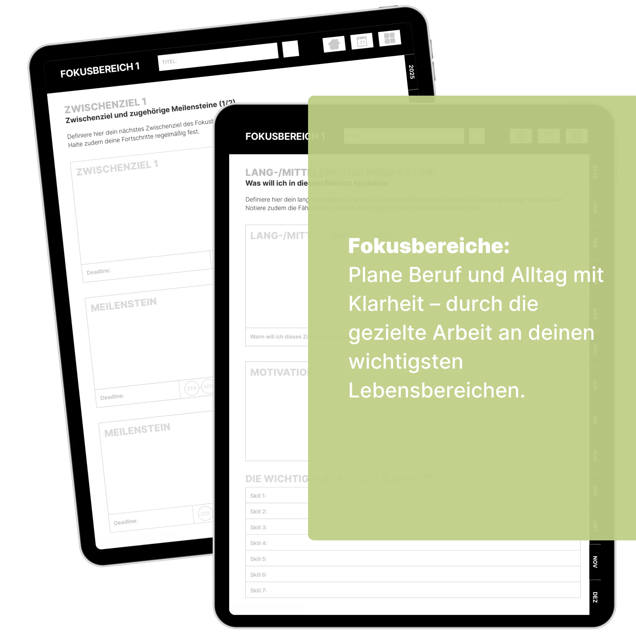Zwei Seiten vom digitalen Skillbook auf Tablets, die Funktionen zur Zielsetzung und Meilenstein-Planung zeigen. Eine grüne Textbox beschreibt den Nutzen der Fokusbereiche zur klaren Planung von Beruf und Alltag. Deutsche Sprache. Transparenter Hintergrund.