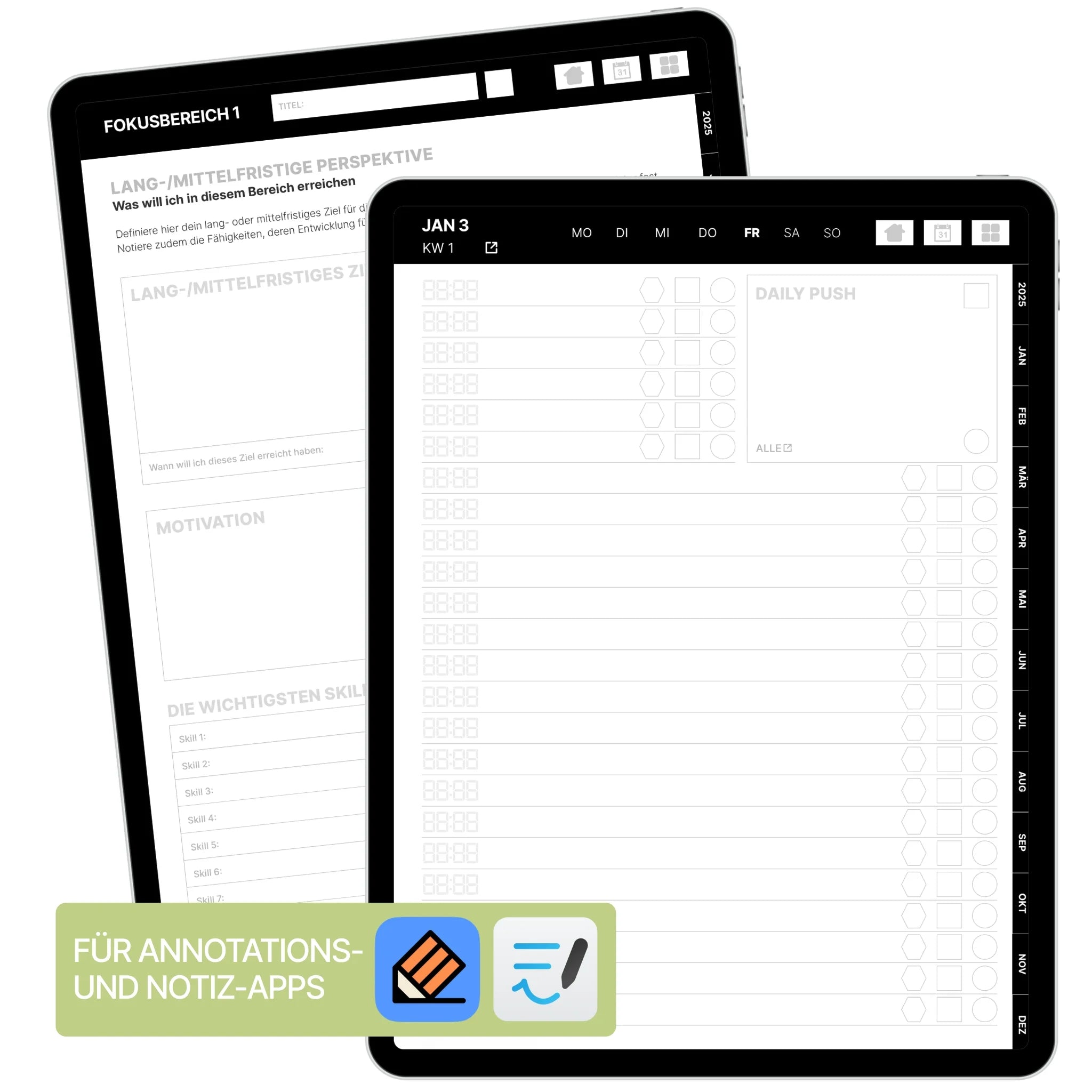 Produktabbildung Skillbook Digital – digitales Planungssystem auf dem Tablet mit Seiten zu Fokusbereichen, Zielen und Aufgabenlisten.