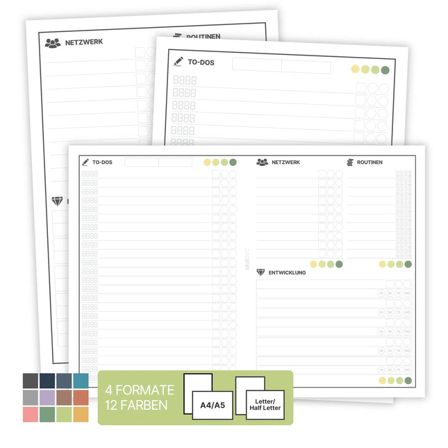 Produktabbildung Weekly Mastersheet – verschiedene Vorlagen in 4 Formaten und 12 Farbvarianten für To-Dos, Netzwerk, Routinen und Entwicklung.
