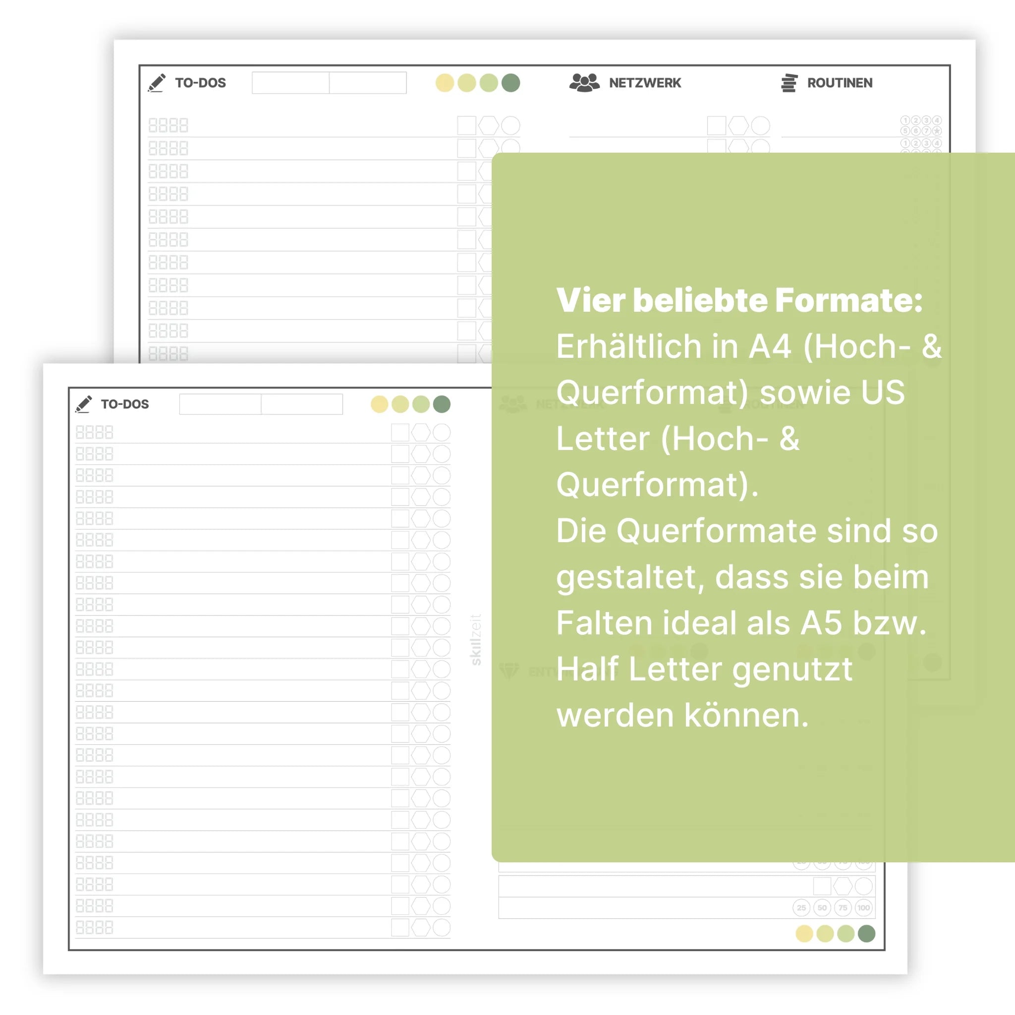 Produktabbildung Weekly Mastersheet – Vorlagen in A4, US Letter, Hoch- und Querformat, auch nutzbar als A5 bzw. Half Letter.