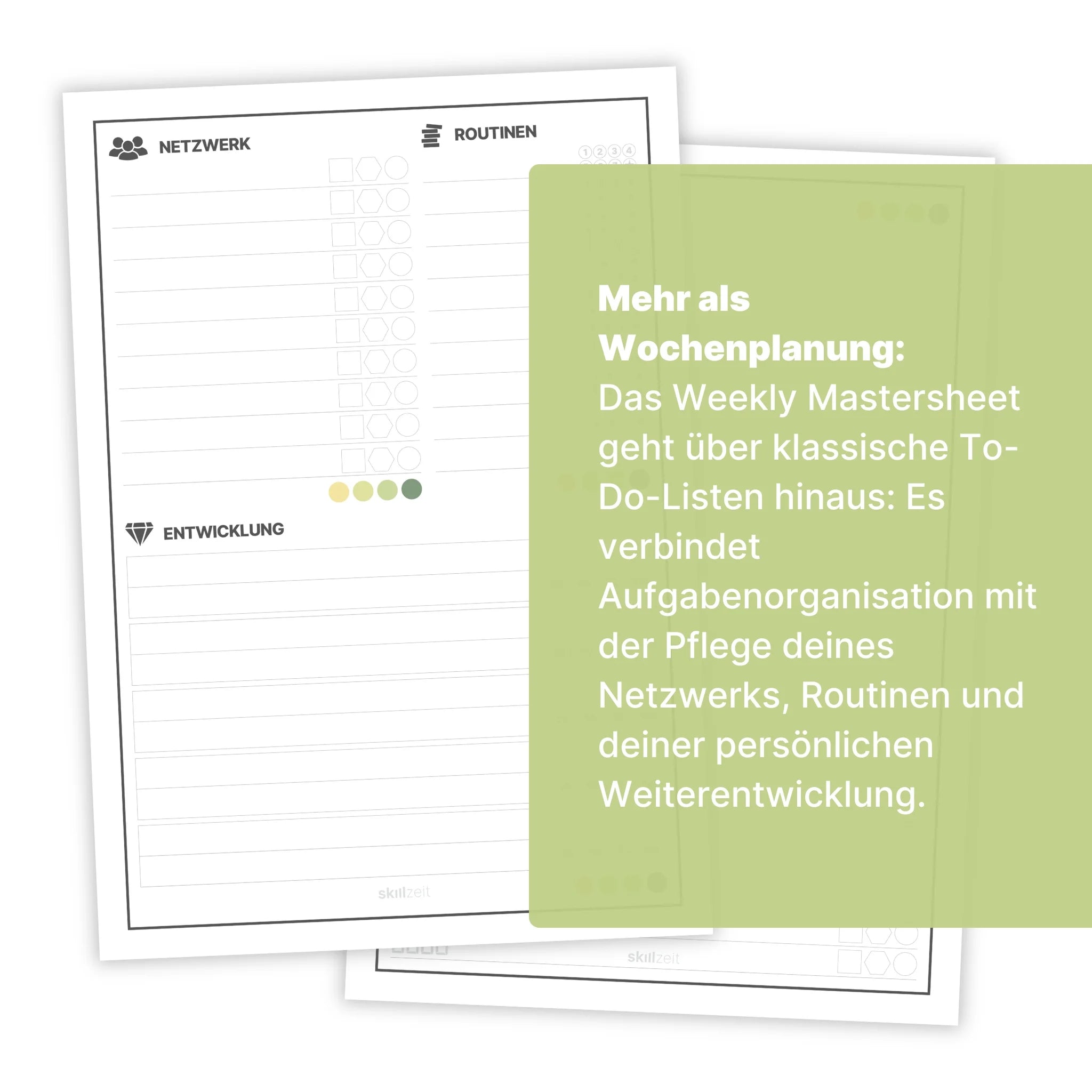 Produktabbildung Weekly Mastersheet – Vorlage zur Aufgabenorganisation, Netzwerkpflege, Routinen und persönlicher Weiterentwicklung.