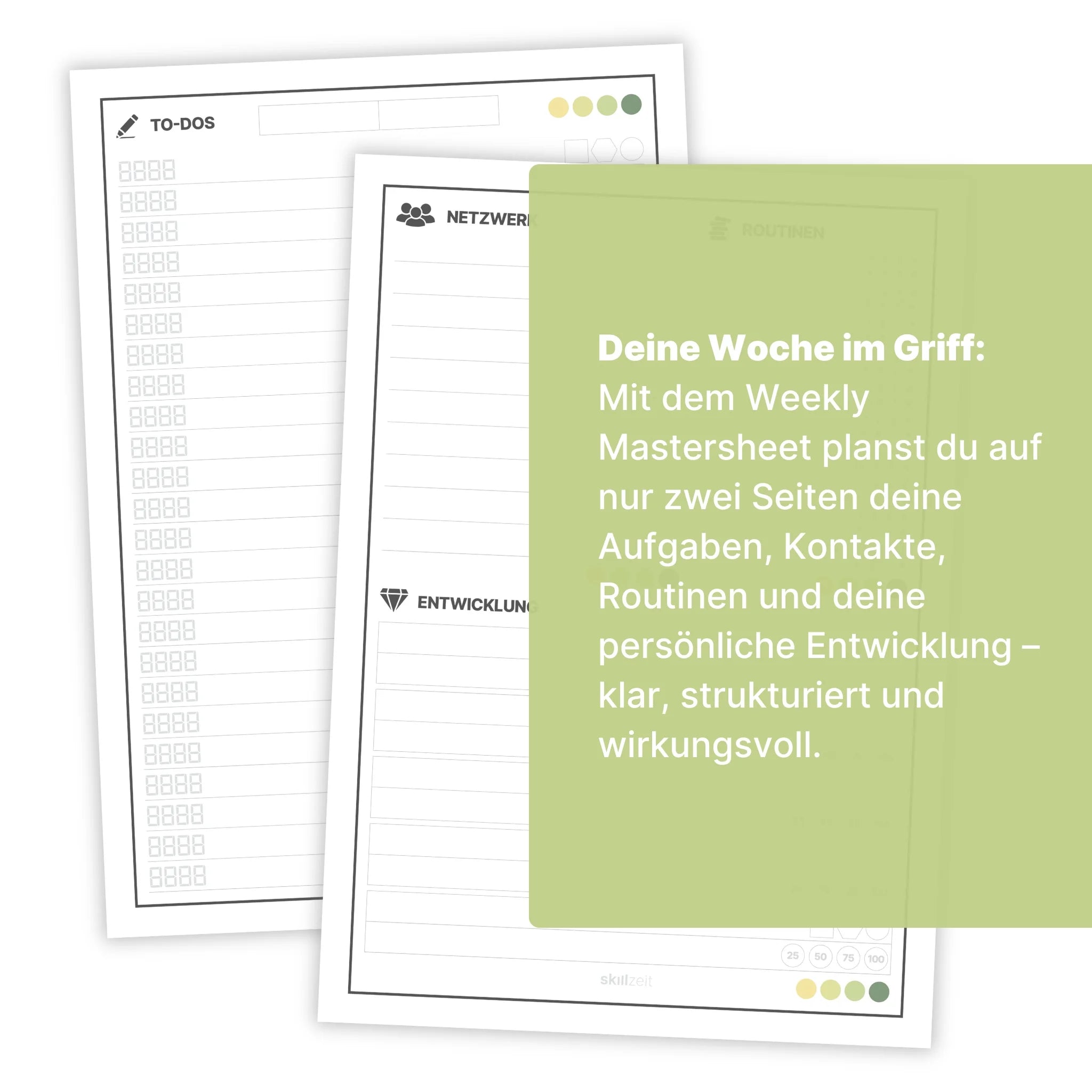 Produktabbildung Weekly Mastersheet – zwei Vorlagenseiten zur Planung von Aufgaben, Kontakten, Routinen und persönlicher Entwicklung.